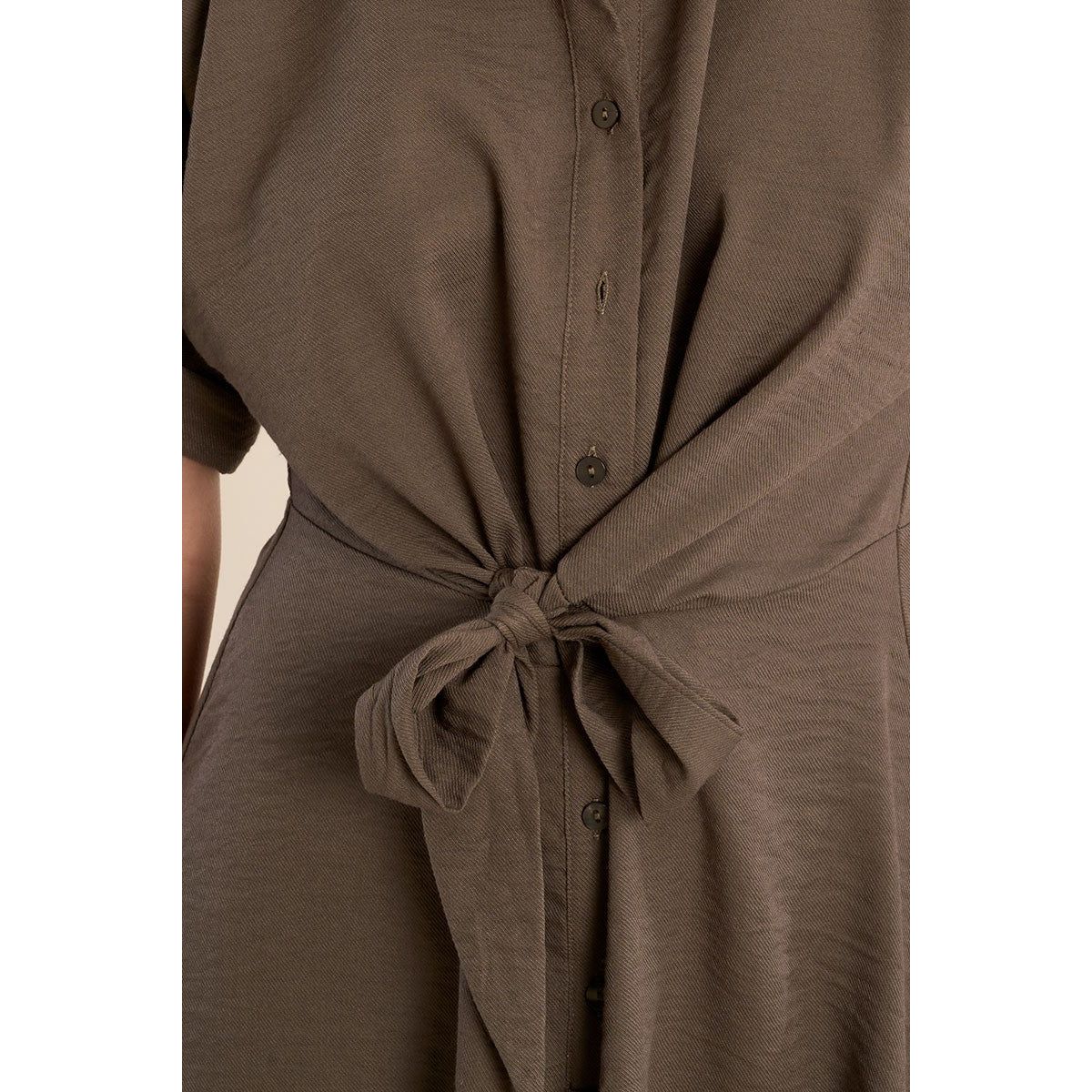 Molly Bracken Short Dress with knotted waist, button-front, and short sleeves.