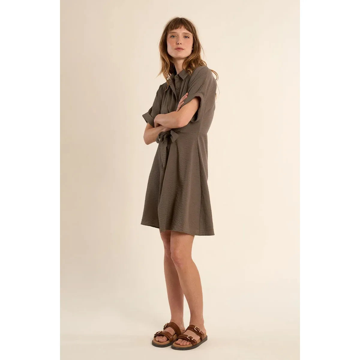Molly Bracken Short Dress with a knotted waist, relaxed silhouette, short sleeves, and a shirt collar in taupe.