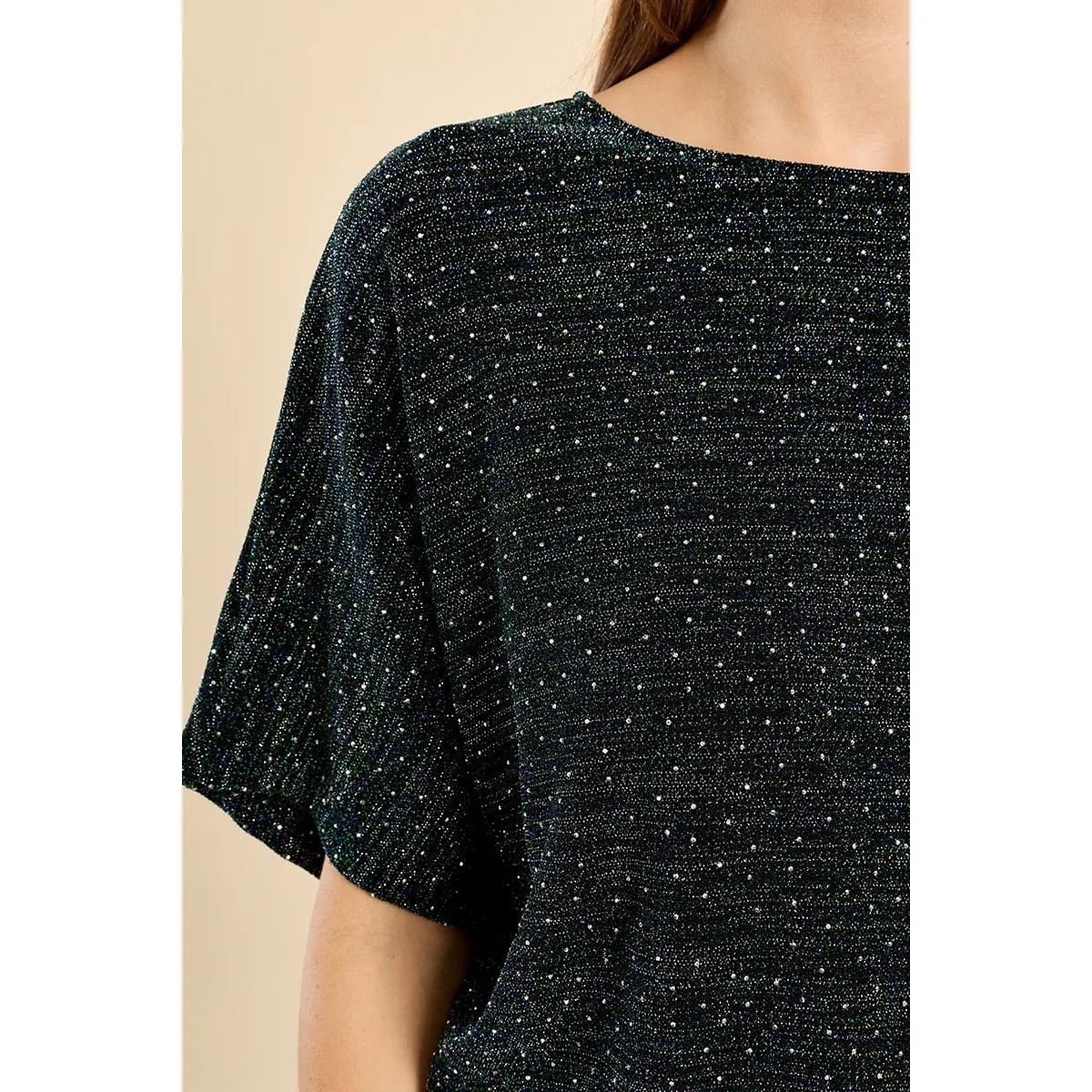 Dark metallic shimmer top with scattered rhinestones and wide short sleeves, perfect for holiday parties and nights out.