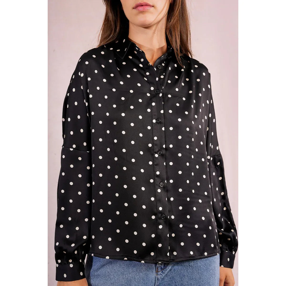Molly Bracken Polka Dot Blouse: black, white polka dots, button-down front with long sleeves and buttoned cuffs.