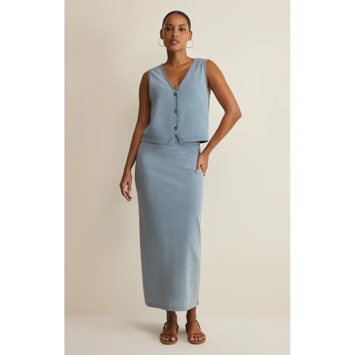 Z Supply Noelle Jersey Denim Tank: light blue sleeveless V-neck top with button front, paired with a matching skirt.