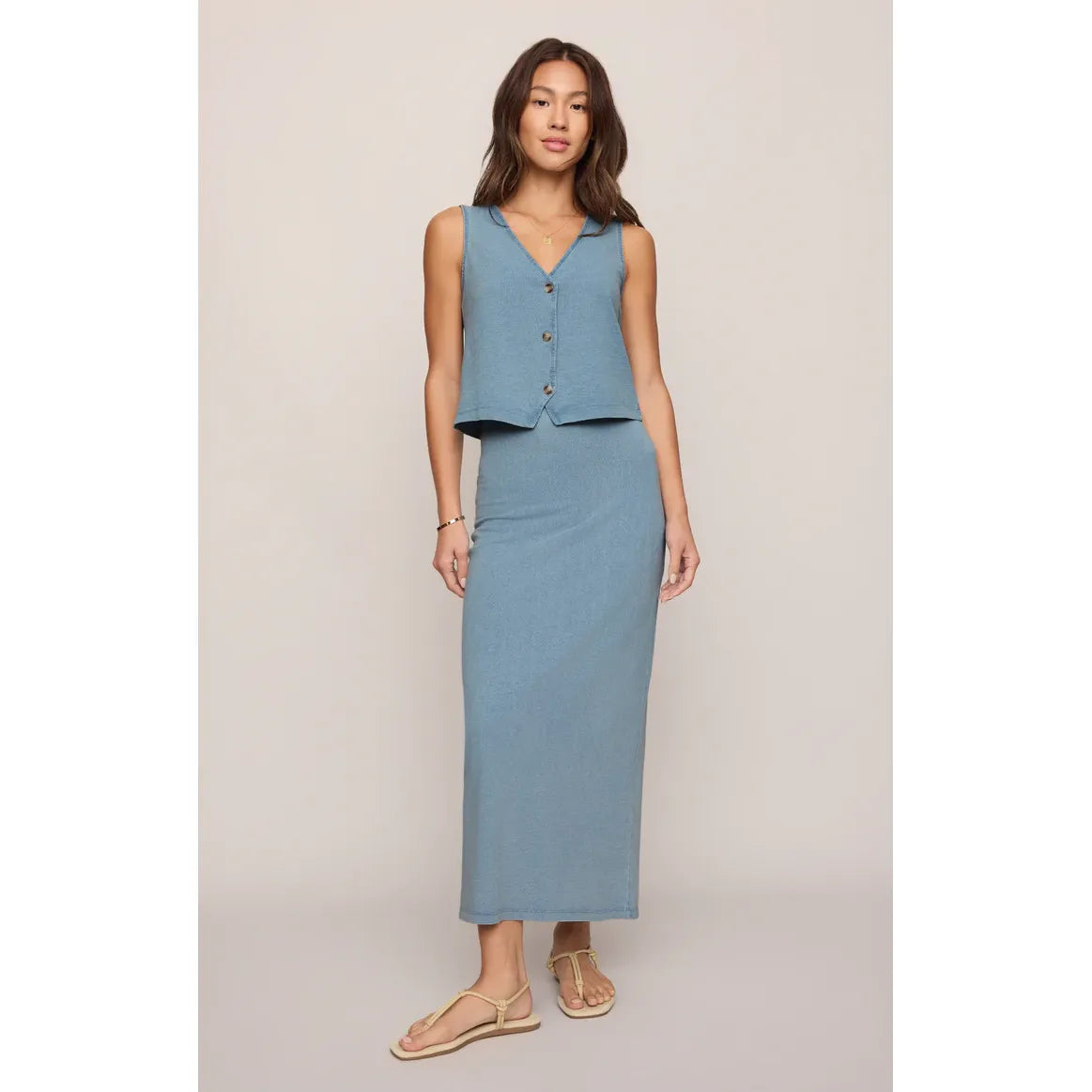 Z Supply Noelle Jersey Denim Tank with button-front, sleeveless V-neck, paired with a matching long denim skirt.