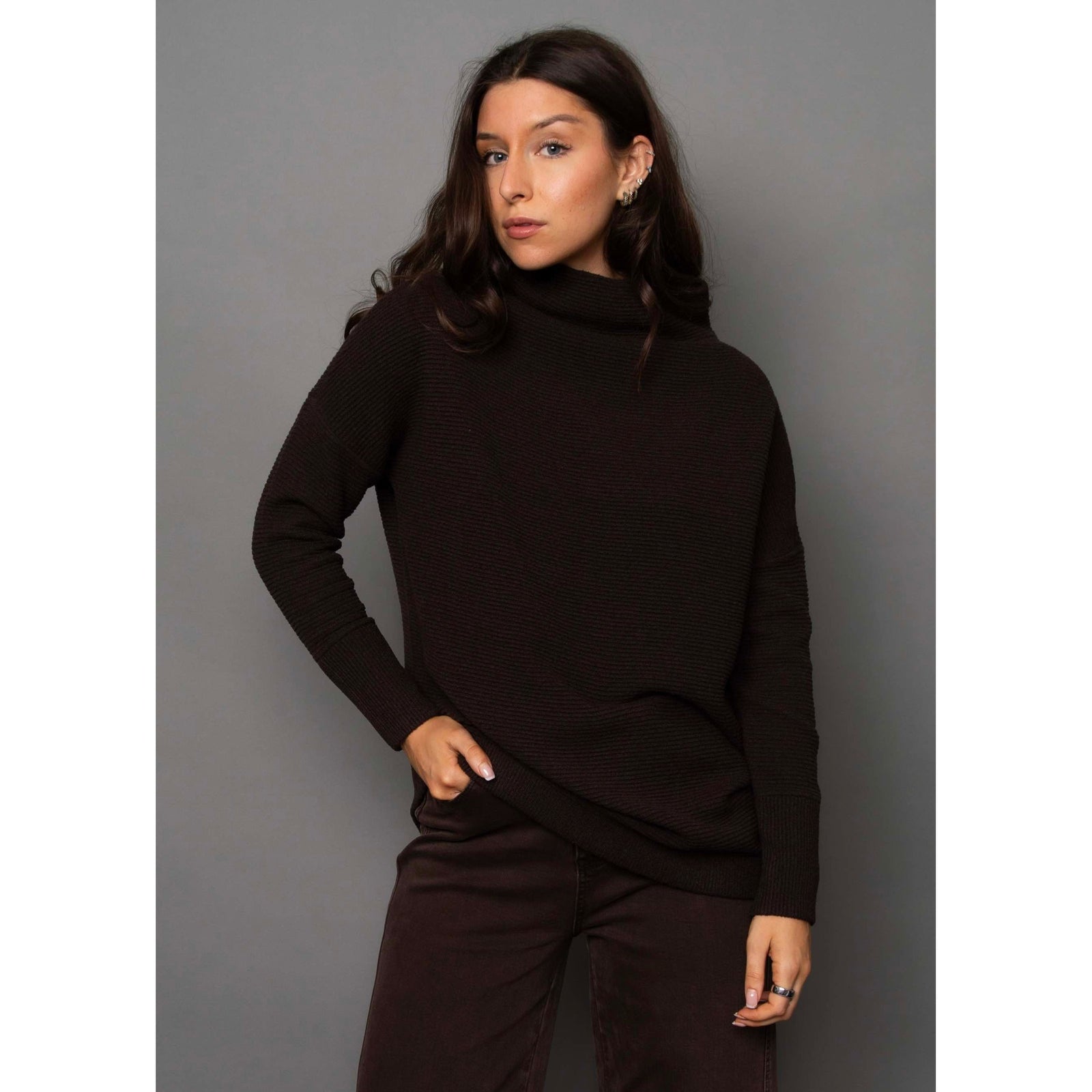 Ottoman Mock Neck Sweater in dark walnut from RD Style, a versatile knit for all outfits.