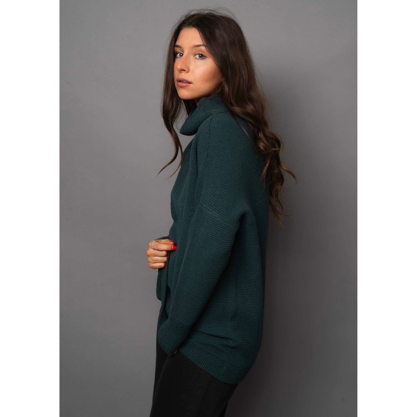 Ottoman Mock Neck Sweater in hunter green from RD Style on a model, versatile year‑round top.