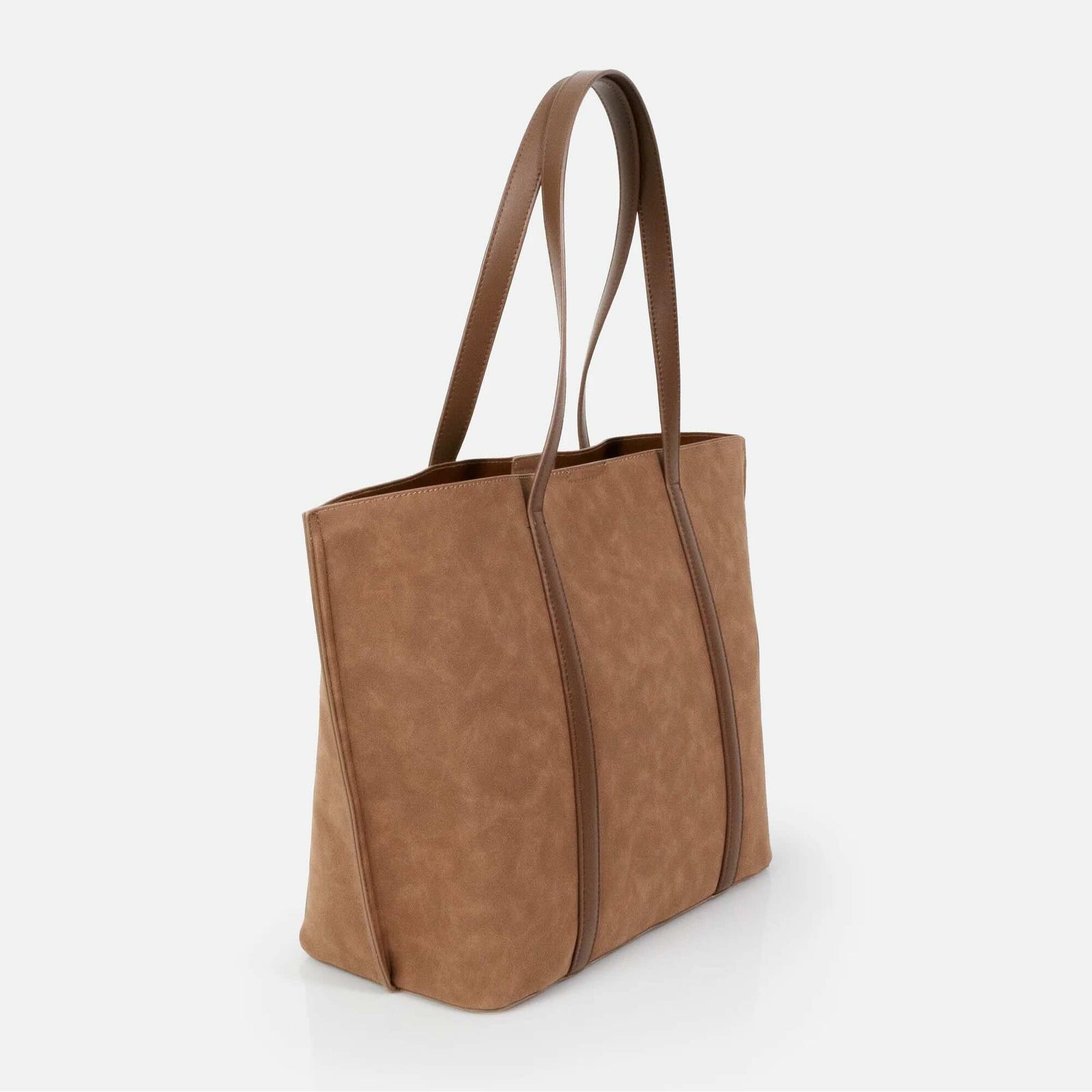 Pale brown suede-effect handbag with twin handles and clean, structured lines.