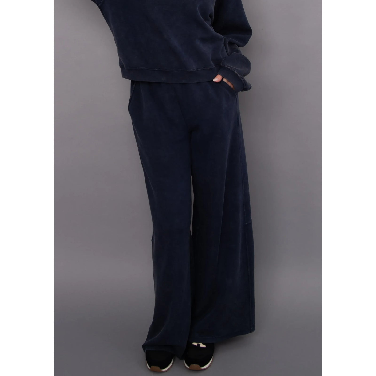 Navy mineral wash soft knit pull-on pants featuring a relaxed, wide-leg fit and clean button-free waistband for everyday comfort.
