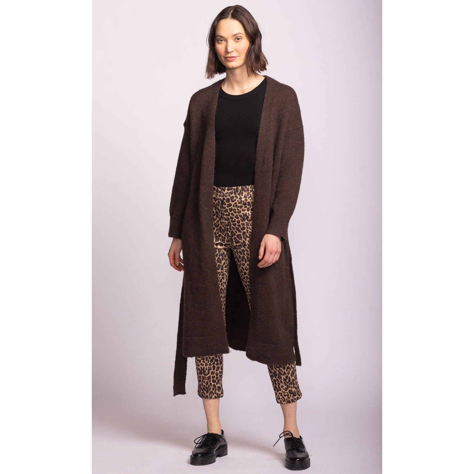 Pink Martini Kiki Sweater long brown belted cardigan on model for autumn layering.