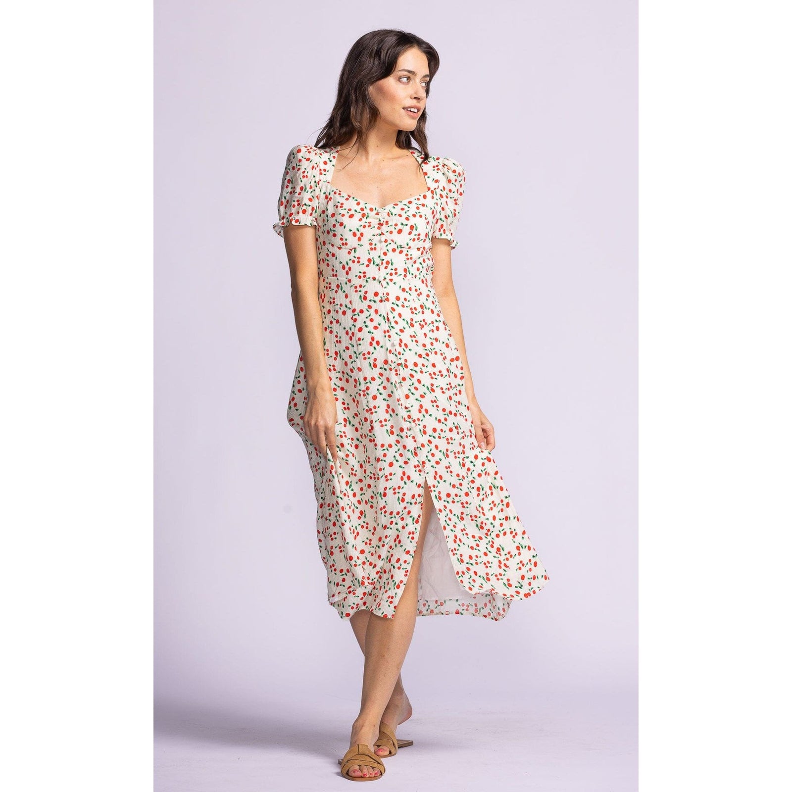 Flirty Pink Martini Lala Dress with puff sleeves and sweetheart neckline, perfect for any occasion.