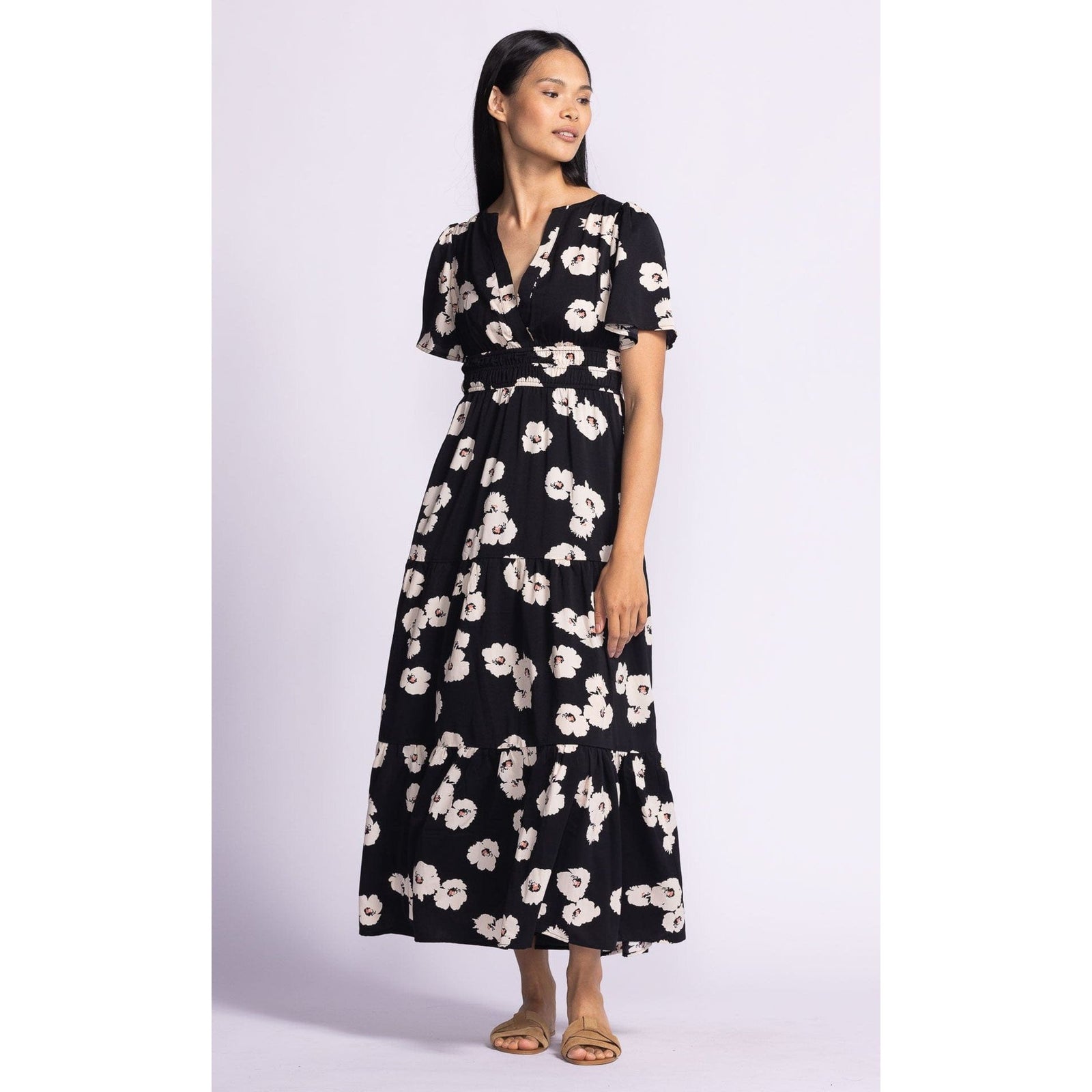 Stylish Pink Martini Margaret Dress featuring puffed sleeves and a flowy skirt, perfect for any casual outing.