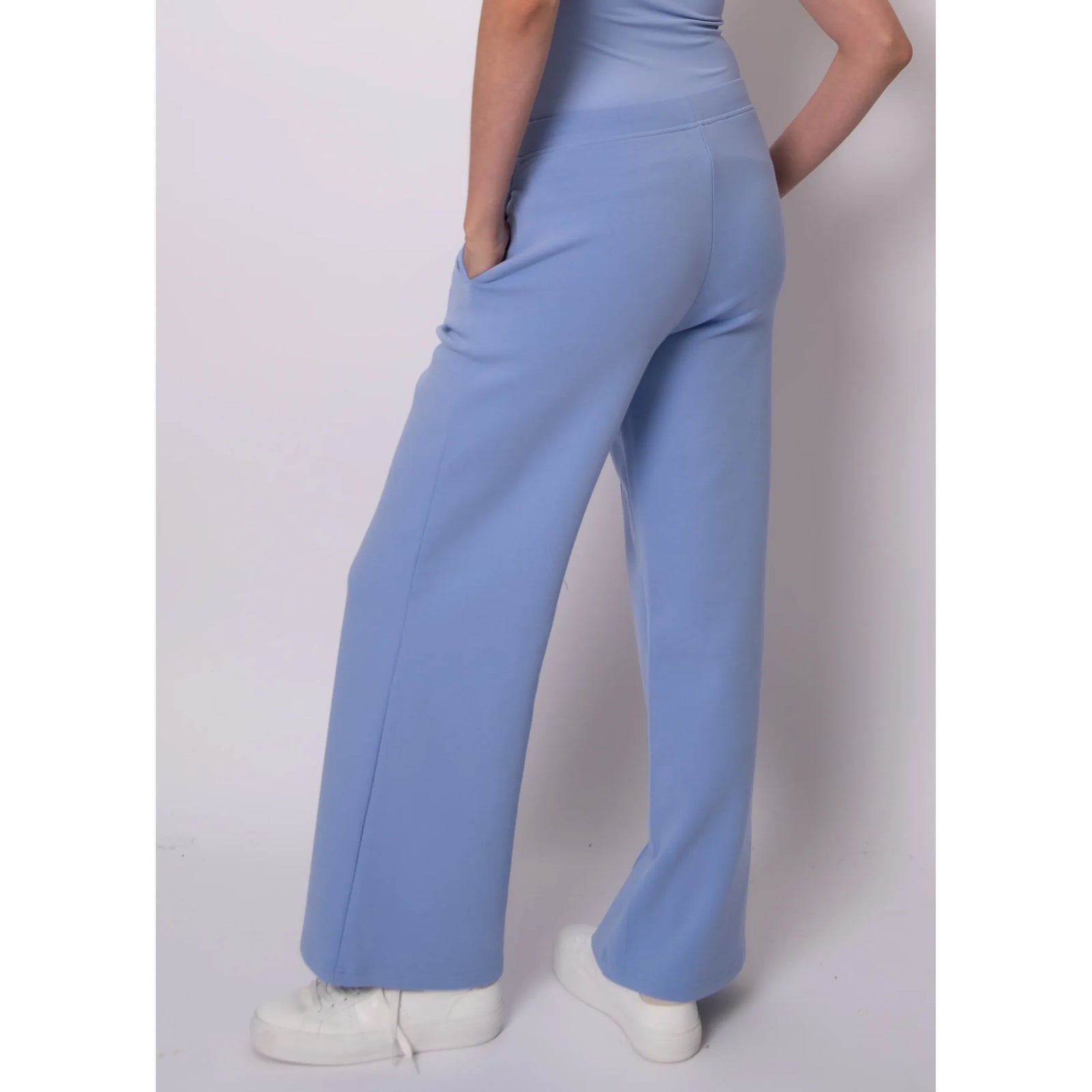 Prida Soft Knit Pull-On Drawstring Pant in light blue, relaxed wide-leg knit pants with pockets.