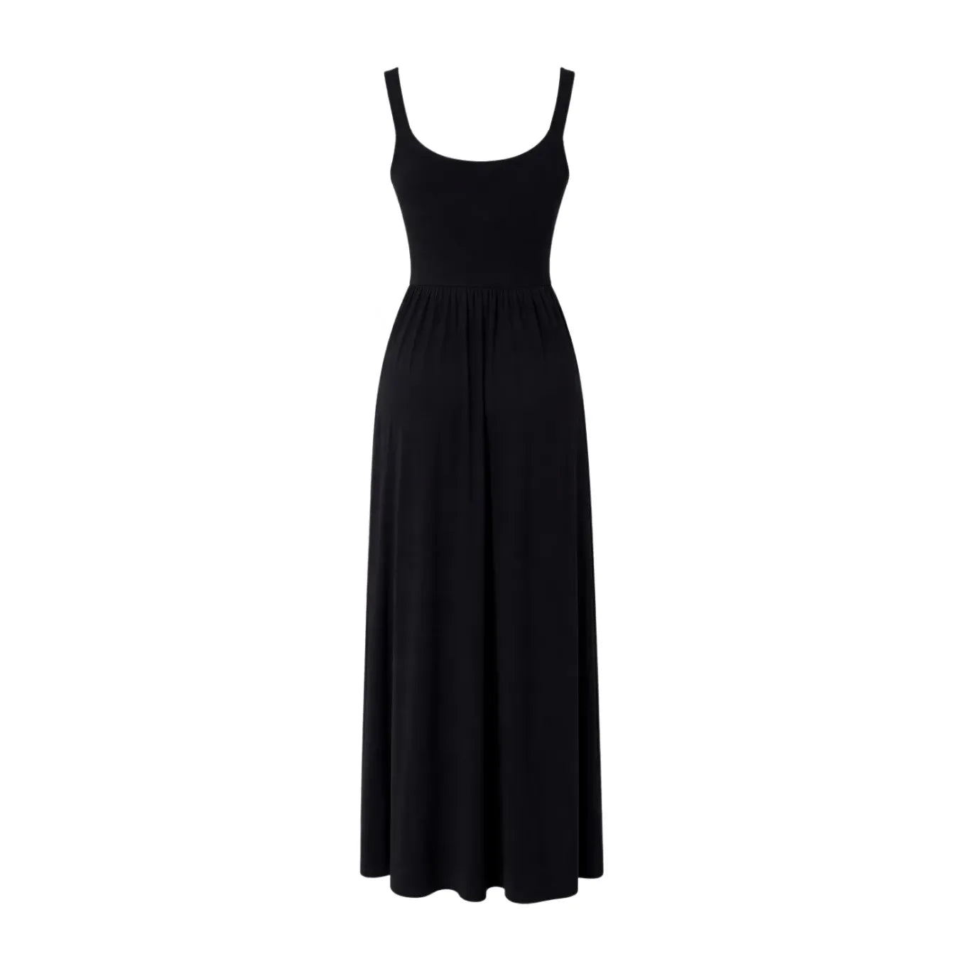 Priv Dawn Maxi Dress, black silky jersey, sleeveless floor-length gown with minimalist, flattering silhouette.