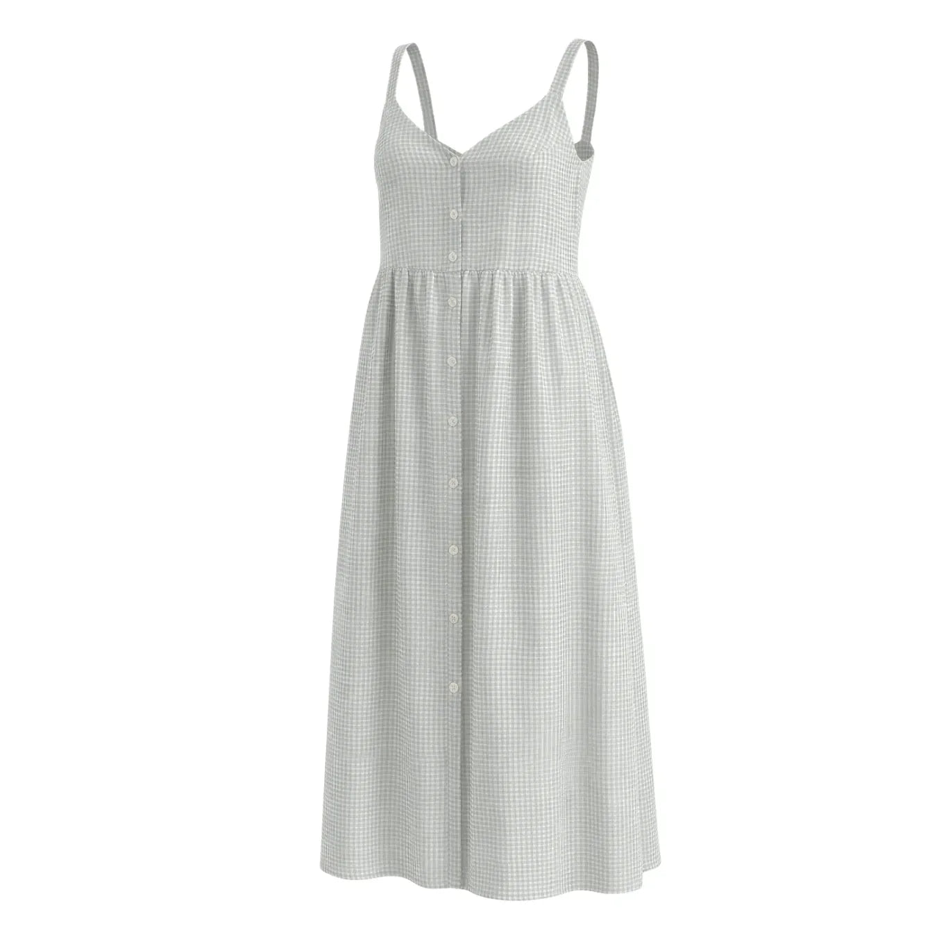 Blue gingham cotton dress with button-down front and spaghetti straps, long flowing maxi cut.