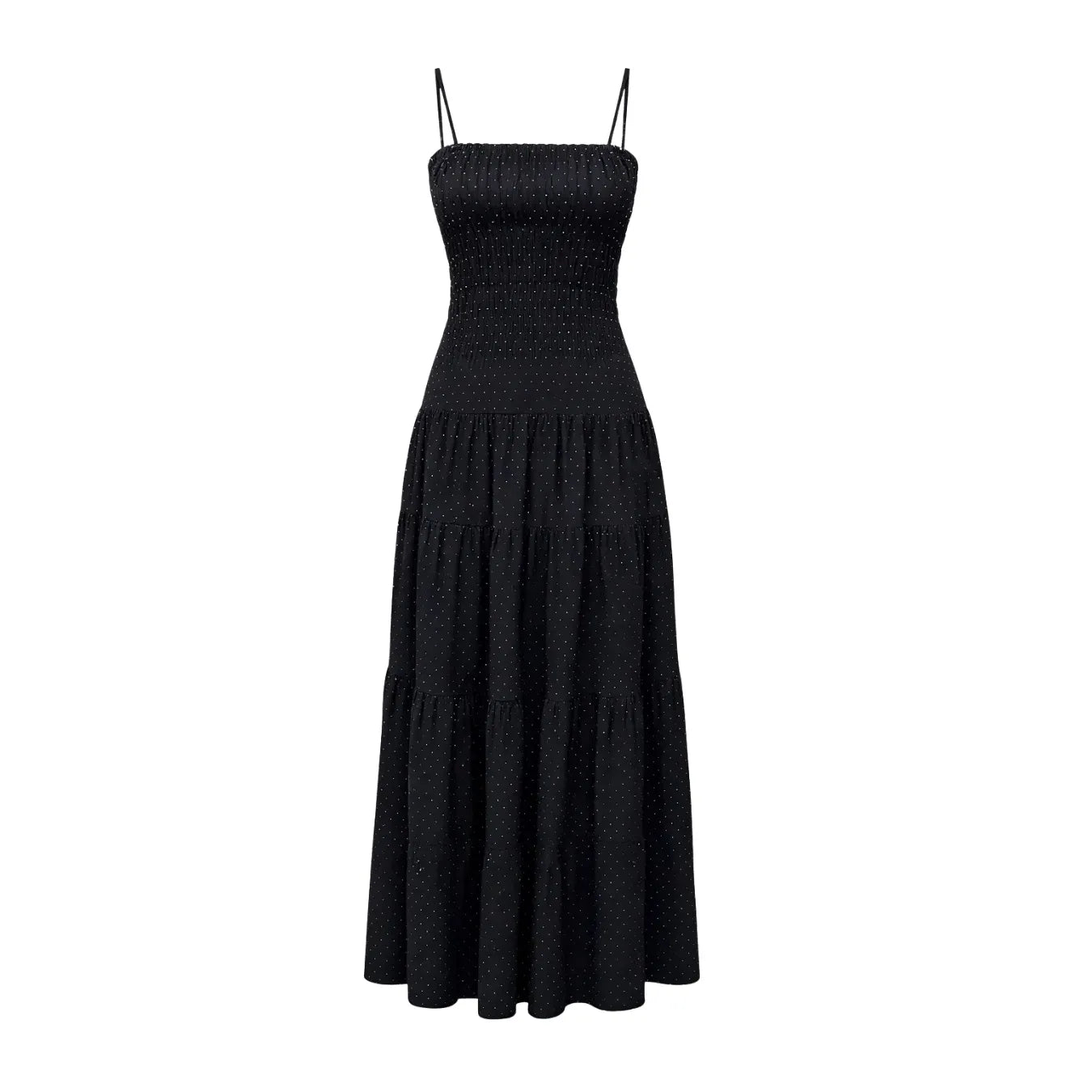 Priv Loralee Polka Dot Dress with spaghetti straps, a tiered full-length skirt, and delicate polka dots.