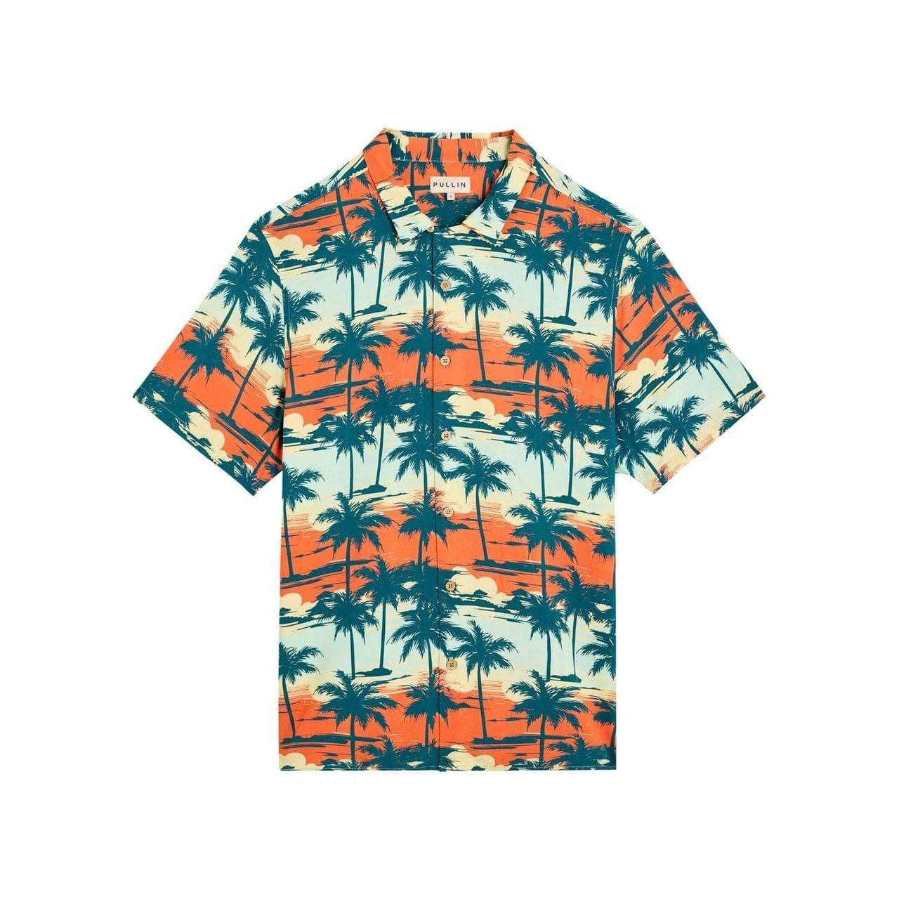 Colorful Pullin BayArbor Beach Shirt featuring palm patterns, short sleeves, and coconut buttons for a stylish summer look.
