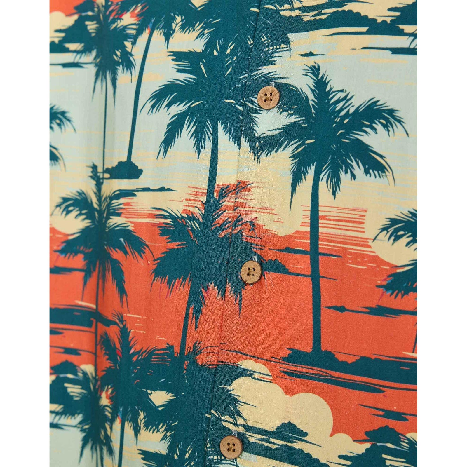 Colorful Pullin BayArbor Beach Shirt features a tropical pattern, short sleeves, and coconut buttons for a laid-back look.