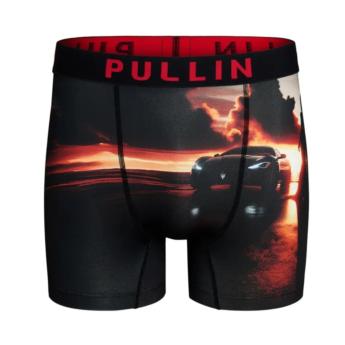 Pullin Fashion 2 Athena Brief printed boxer briefs with sunset car graphic, black fabric, red PULLIN waistband.
