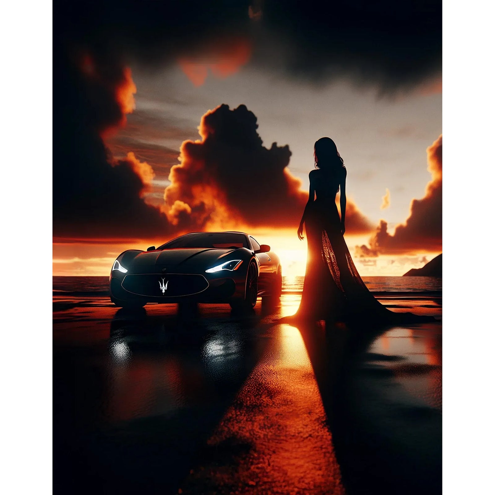 Silhouette of a woman in a flowing gown beside a luxury car at sunset, inspired by Pullin Fashion 2 Athena Brief.