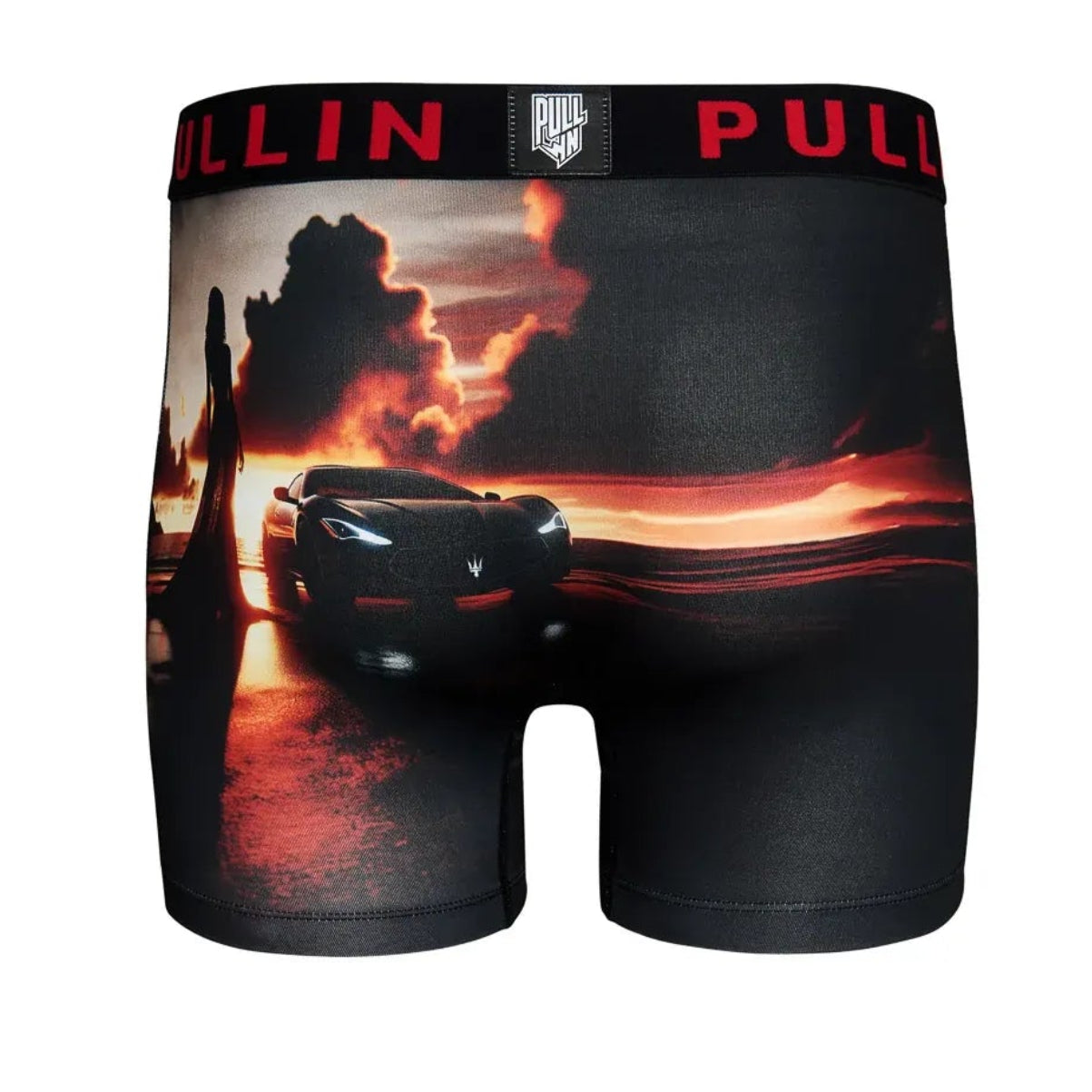 Pullin Fashion 2 Athena boxer briefs with sunset car print, black base and red branded waistband.