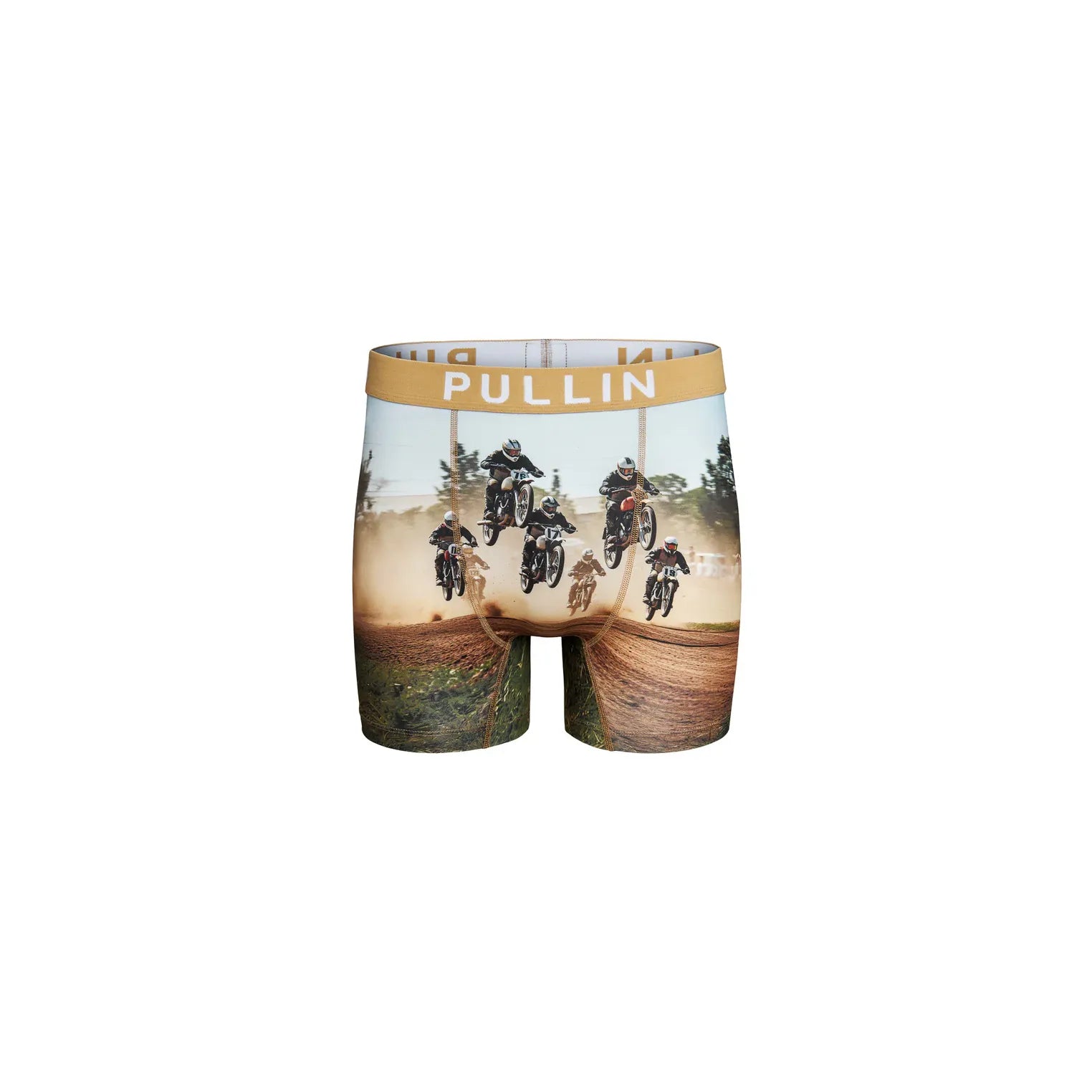 Pullin Fashion 2 Backy Brief with Athena motocross print, long boxer shorts and beige 40mm elastic waistband