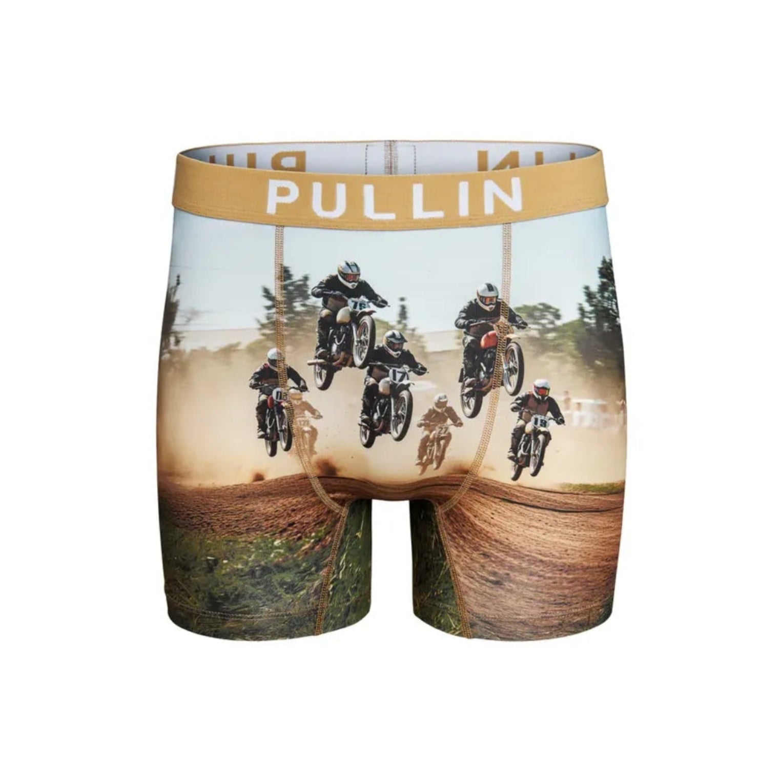 Pullin Fashion 2 Backy Brief with Athena motocross print, long boxer shorts and beige 40mm elastic waistband