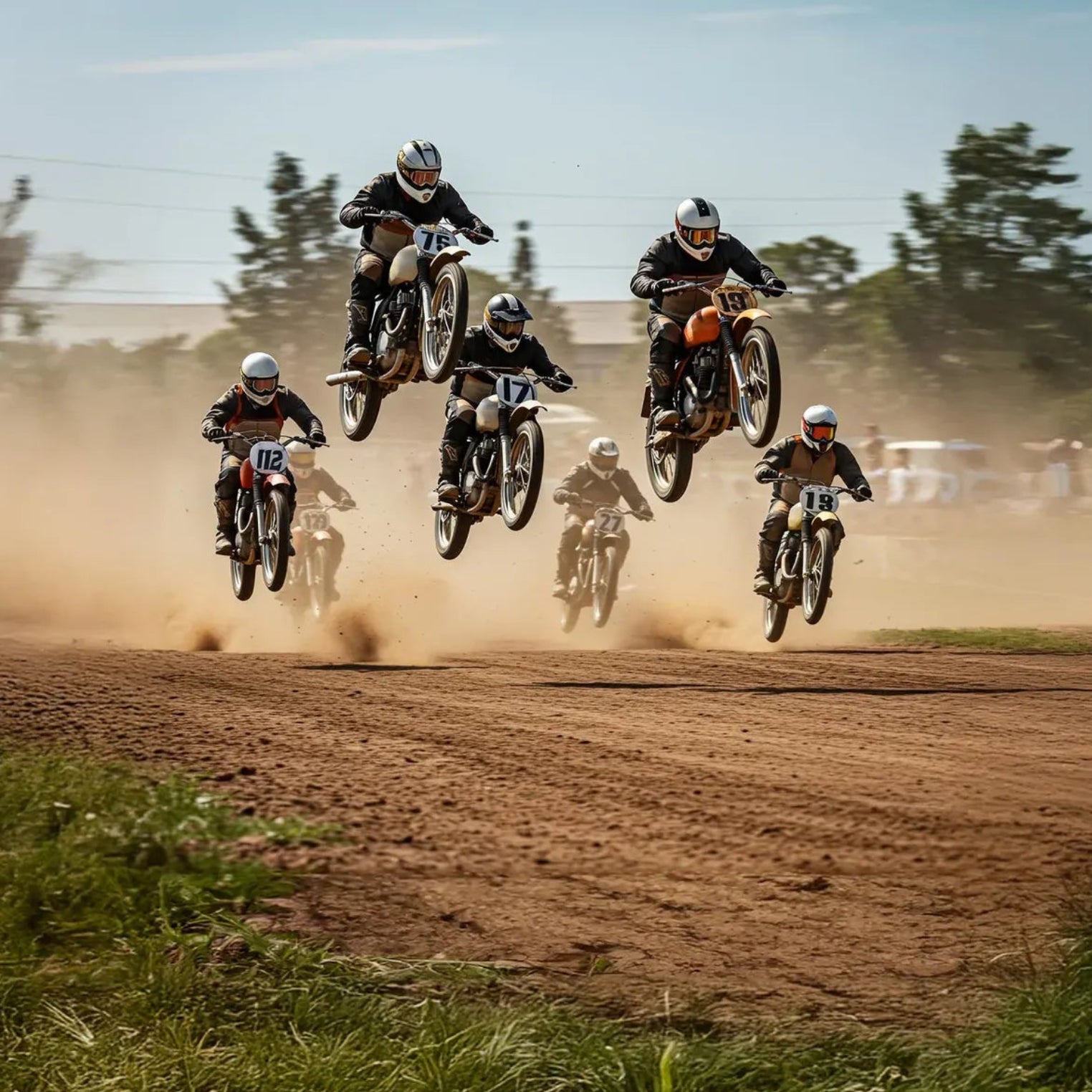 Motocross riders launch into the air over a dusty dirt track during a race.