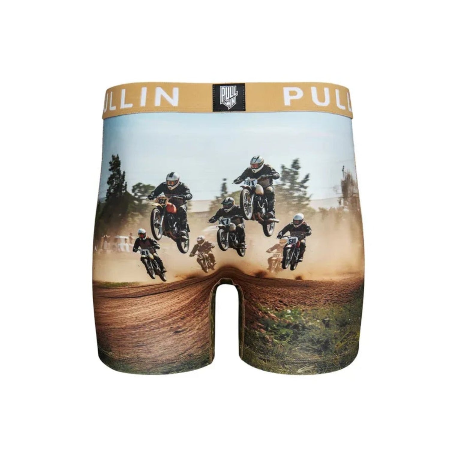 Pullin Fashion 2 Backy Brief boxer shorts with Athena motocross print, long-cut, tan waistband.