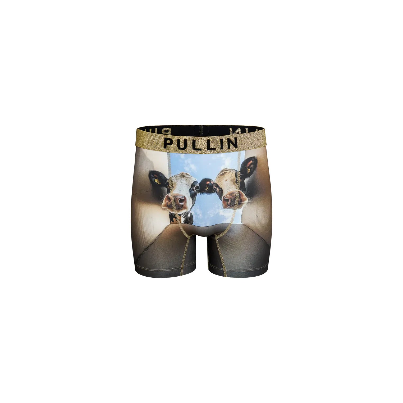 Pullin 2 Cowy boxer shorts with cow print, 40mm jacquard elastic waistband, flatlock seams.