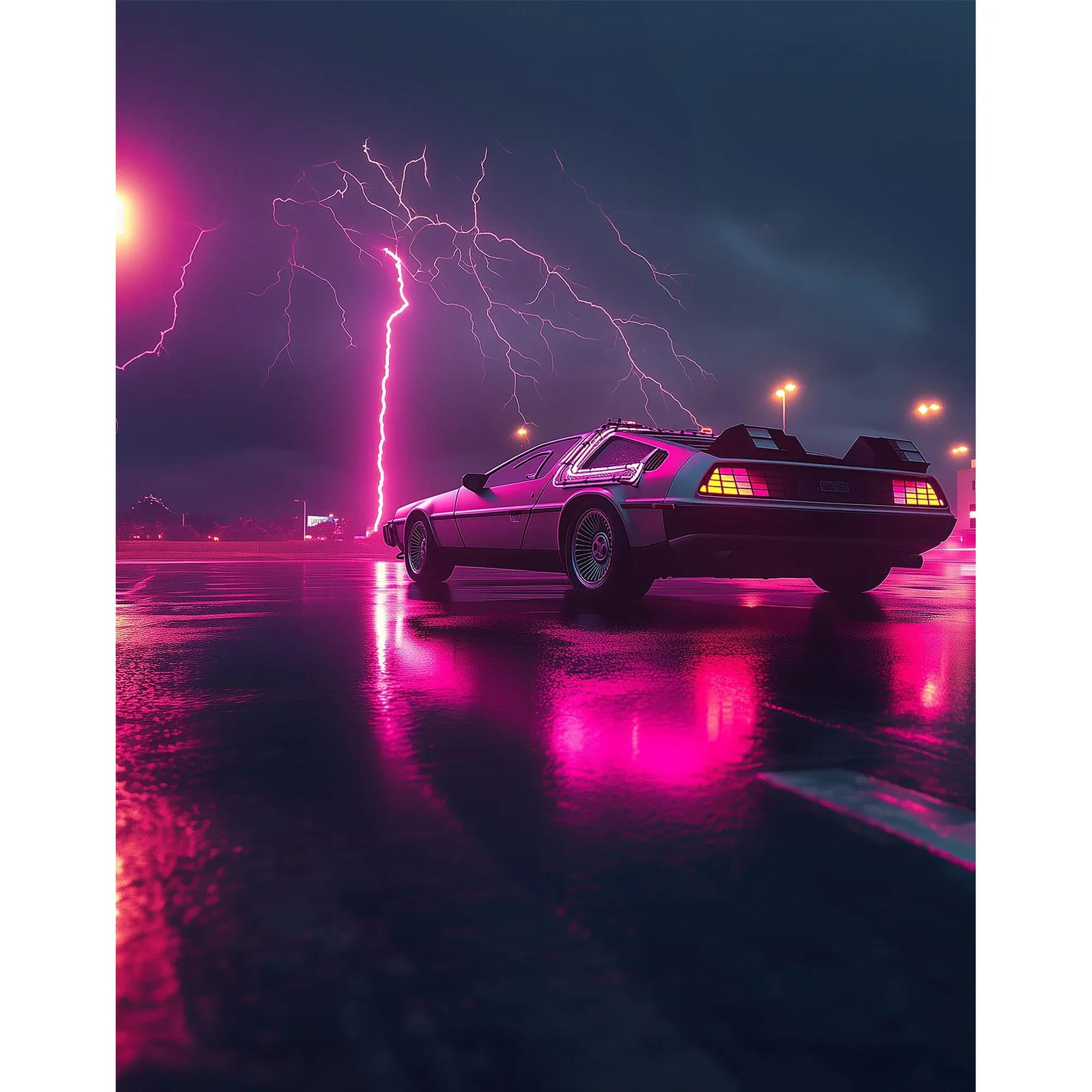 DeLorean-style sports car in neon pink lighting, rain-soaked parking lot with dramatic lightning.