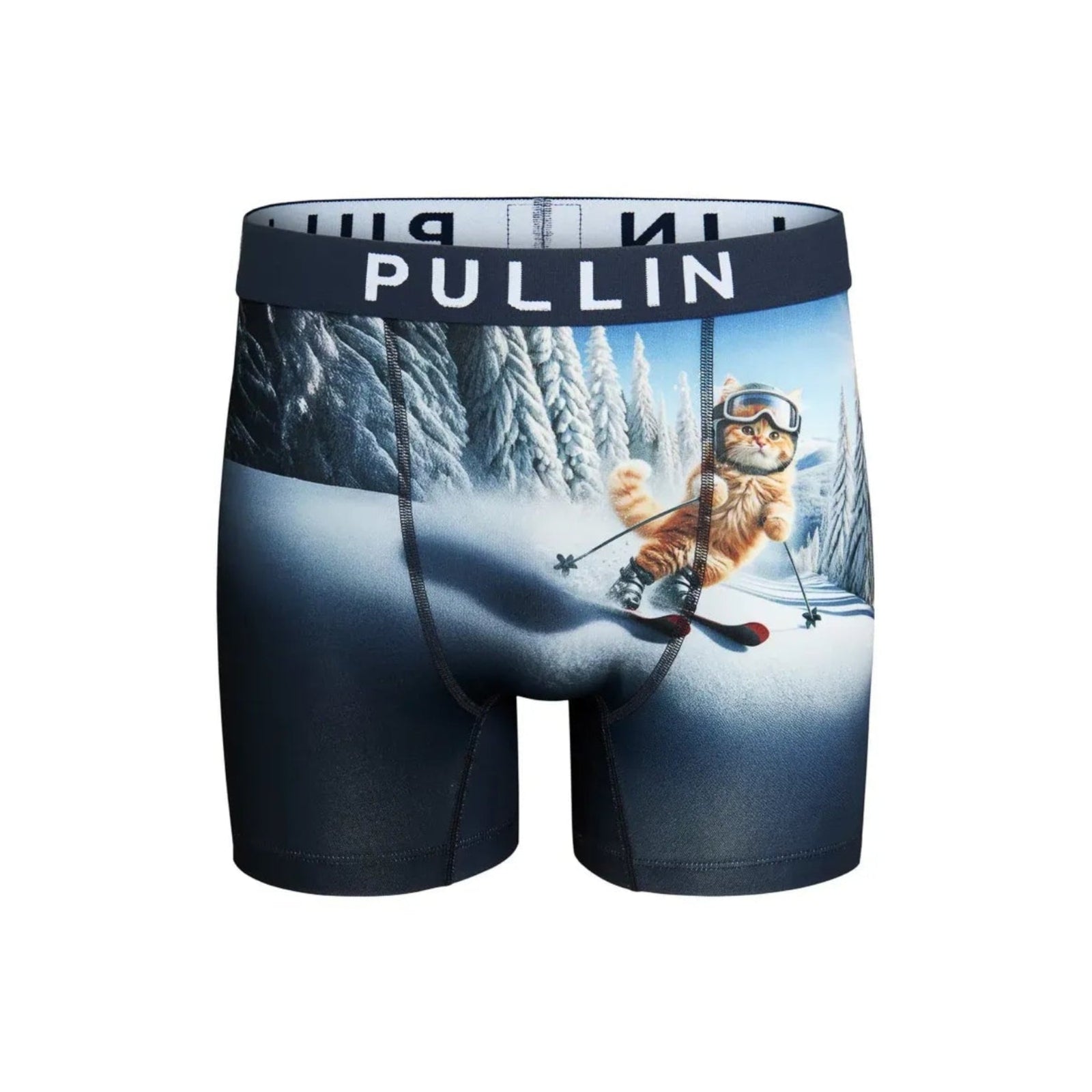 Pullin Fashion 2 Miasouki boxer shorts with winter scene print featuring a cat skier and a navy jacquard waistband.