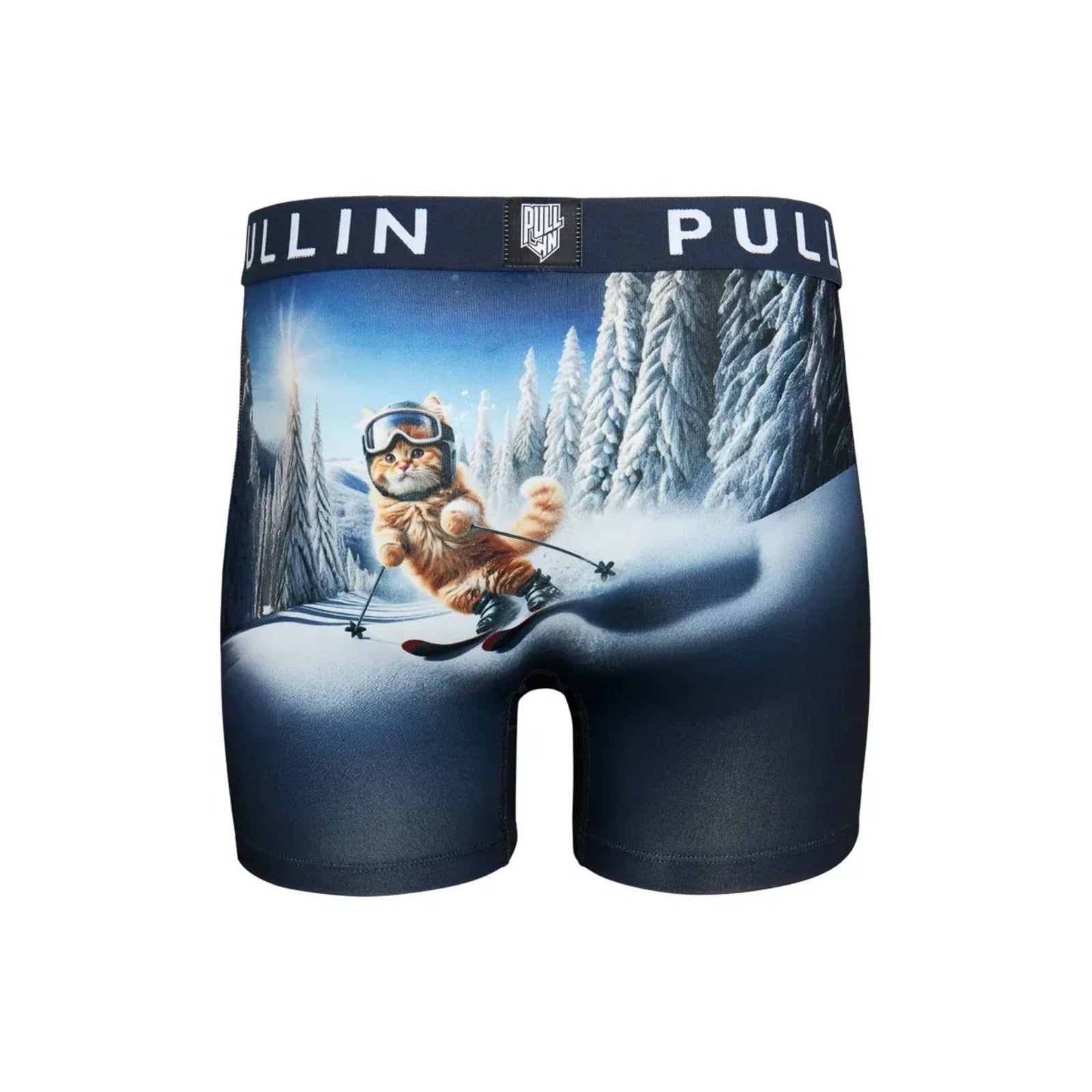 Pullin Fashion 2 Miasouki printed boxer shorts with skiing cat graphic on blue fabric and navy 40mm jacquard waistband.