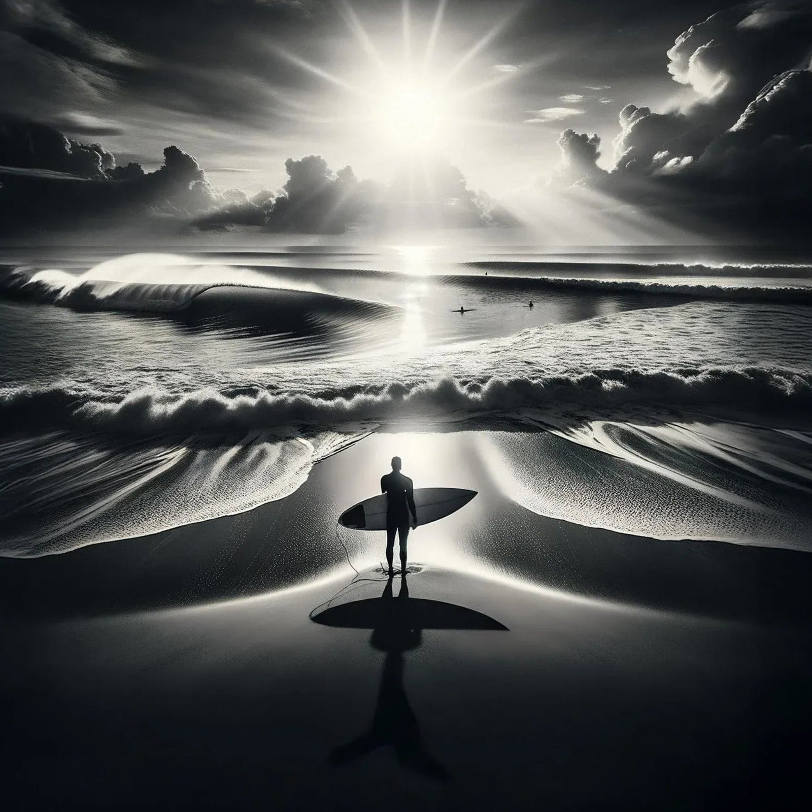 Surfer silhouette with board at sunset on wet sand, promoting Pullin Fashion 2 Ripsurf Brief with 40mm Jacquard elastic.