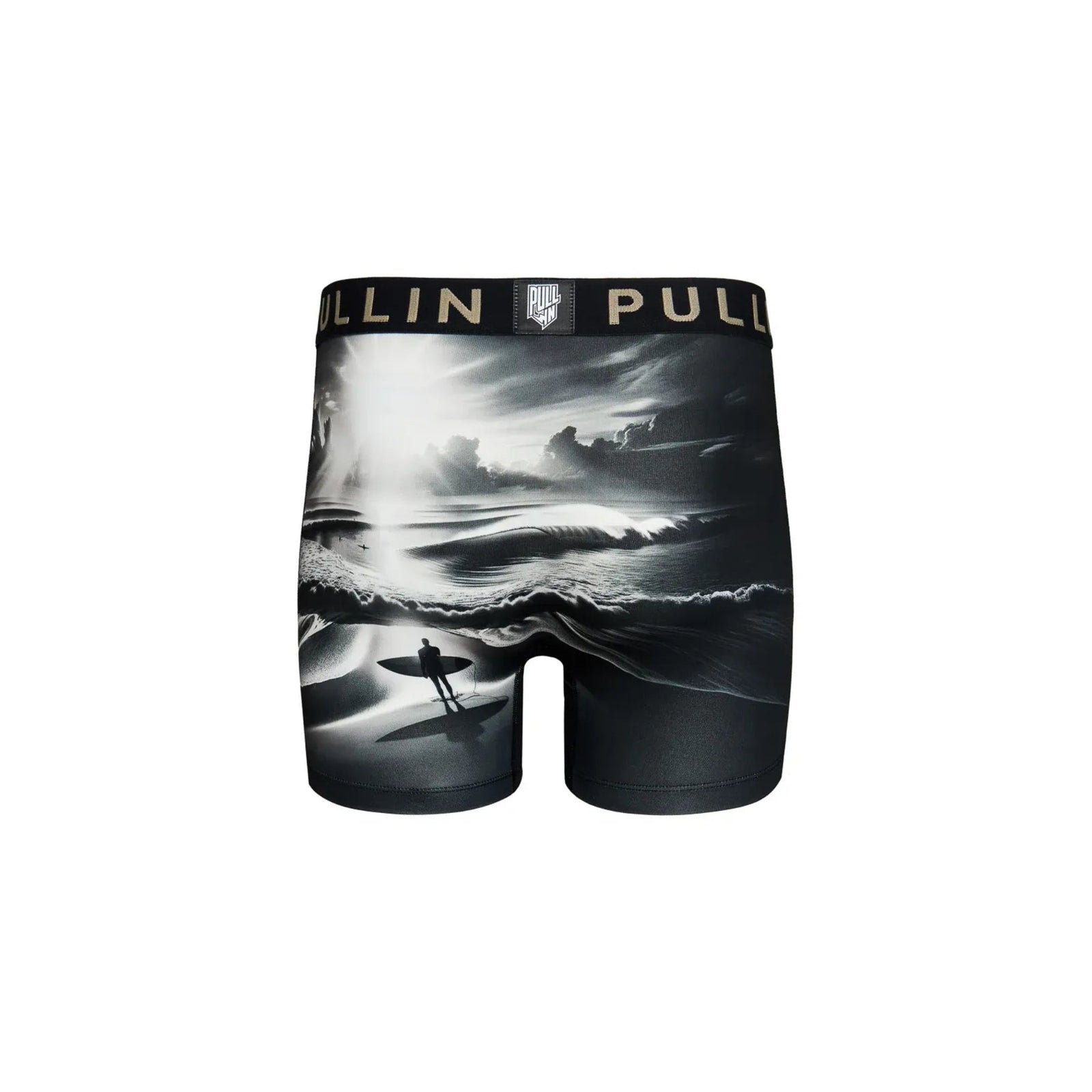 Pullin Fashion 2 Ripsurf Brief with black-and-white surf print, 40mm jacquard waistband, back label.