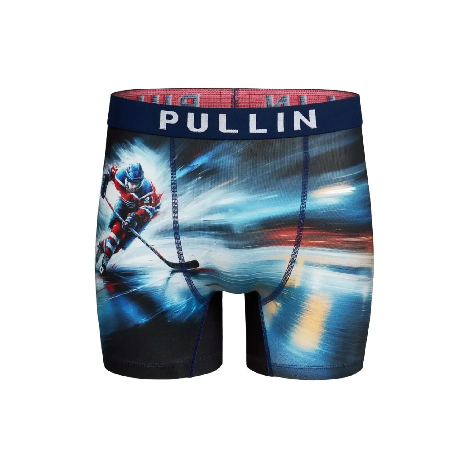 Pullin boxer shorts with dynamic hockey player print, wide elastic waistband, and flatlock seams for comfort and movement.