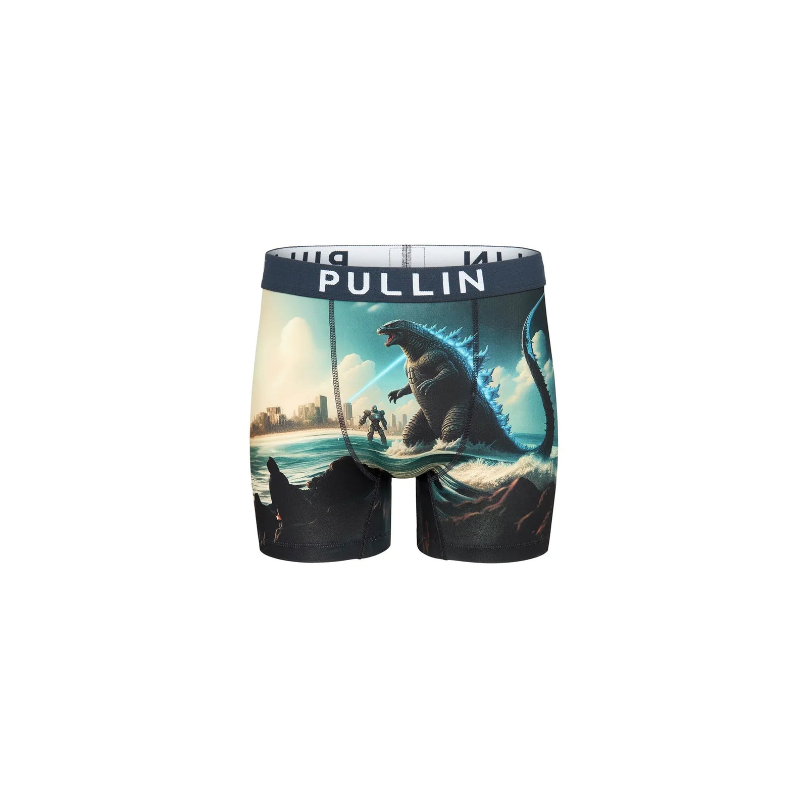 Pullin Japana Brief long-cut printed boxer shorts with kaiju over city, 40mm jacquard waistband, flatlock seams.
