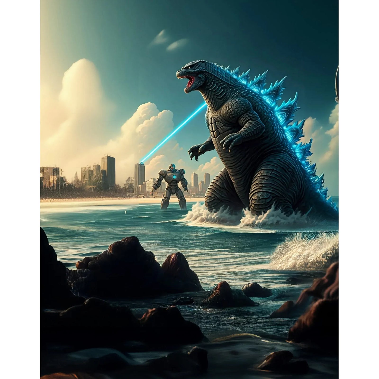 Pullin Japana Brief long-cut printed boxer shorts with kaiju over city, 40mm jacquard waistband, flatlock seams.