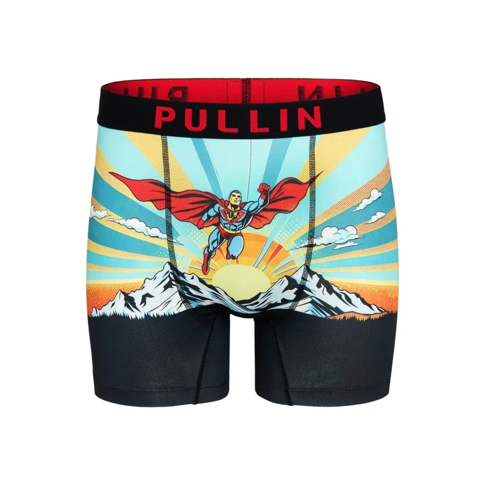 Pullin Fashion Krypto Brief with comic superhero print over mountains at sunrise, red waistband, flatlock seams.