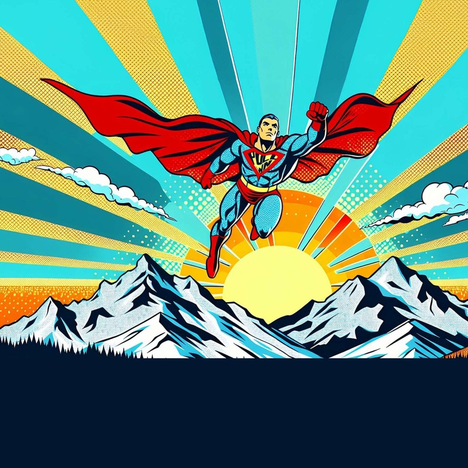 Comic-style superhero with red cape over mountains; inspired by Pullin Fashion Krypto Brief Krypto print boxer shorts.