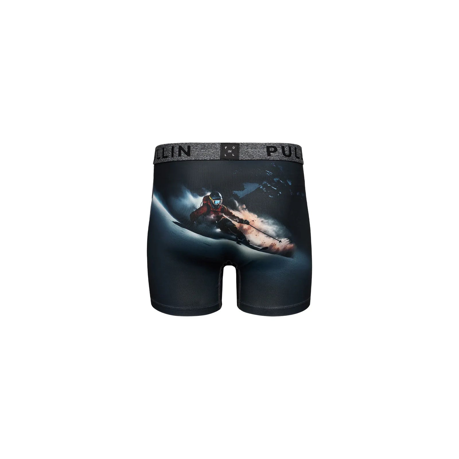 Men's printed boxer shorts featuring a dynamic skier graphic, wide waistband, and flatlock seams for comfort and freedom of movement.