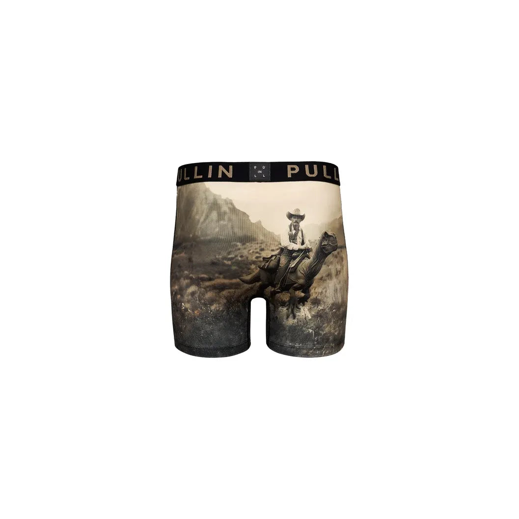 Pullin Fashion 2 Raptous printed boxer shorts featuring a cowboy on a dinosaur with a wide 40mm elastic waistband.