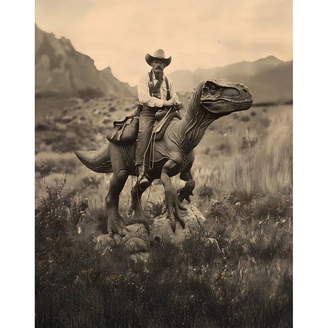 Vintage sepia photo of cowboy riding raptor in mountains. Historical model long cut boxer with wide crotch yoke and 40mm jacquard elastic band.