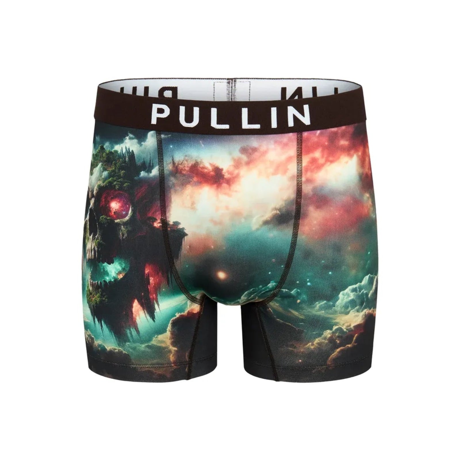 Pullin Fashion 2 Skyland Brief boxer shorts with cosmic skyland print, black waistband, long cut and flatlock seams.