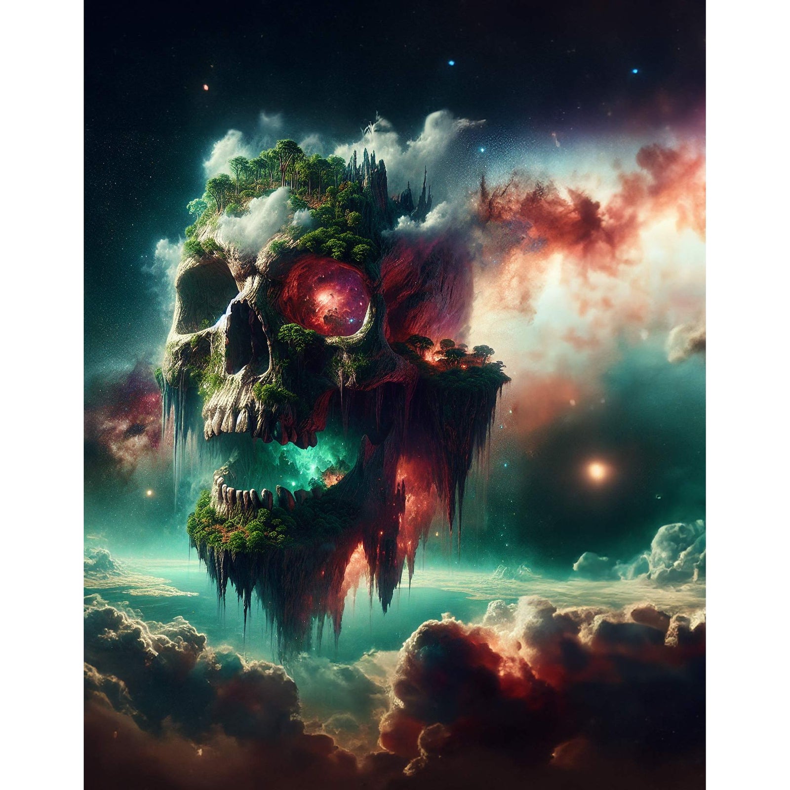 Floating skull-shaped Skyland island covered with trees in a neon cosmic sky.