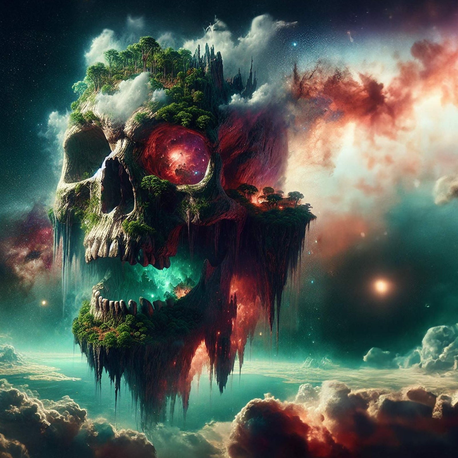 Floating skull-shaped Skyland island covered with trees in a neon cosmic sky.