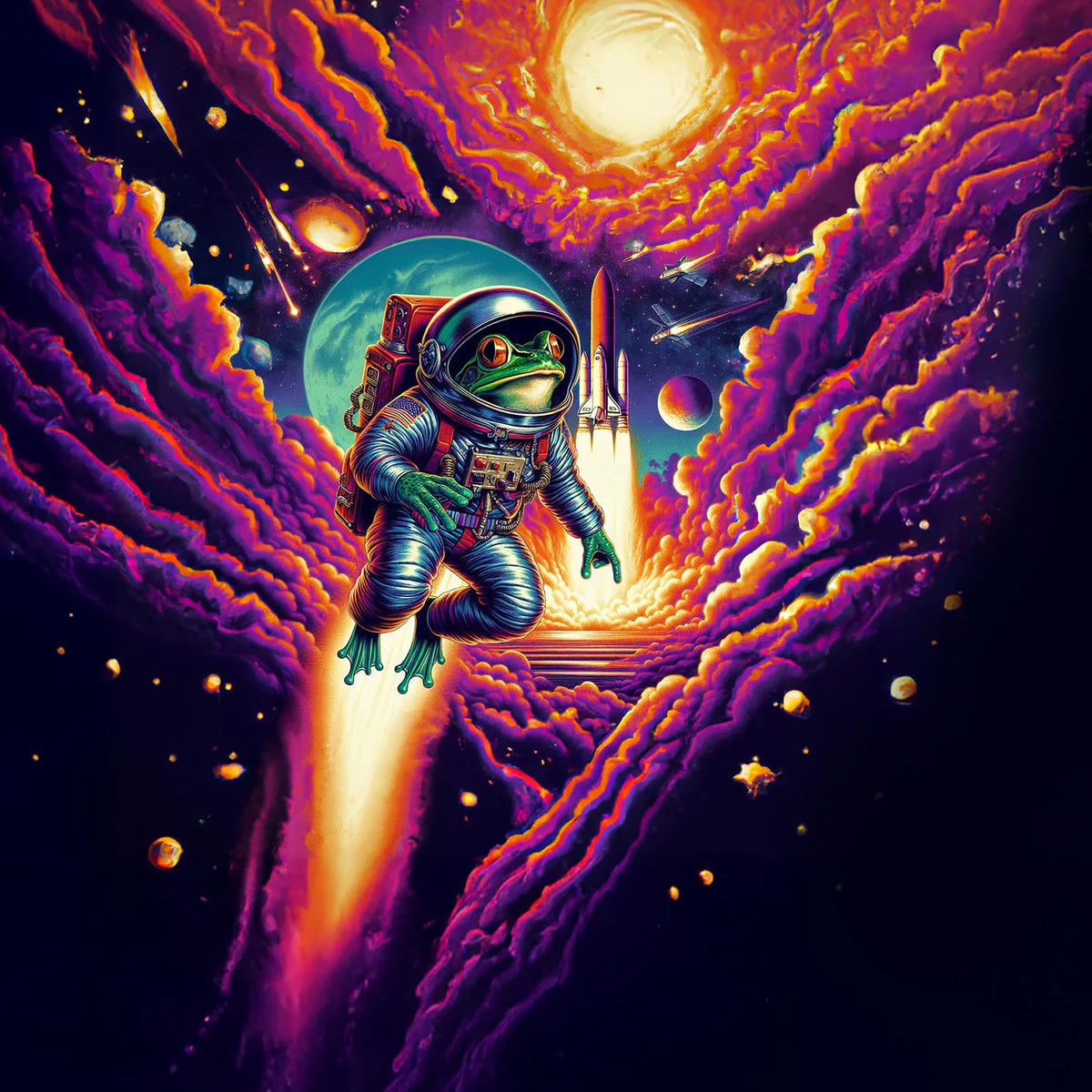 Pullin Fashion 2 Spacefrog Brief neon spacefrog astronaut rockets through vivid cosmic clouds.