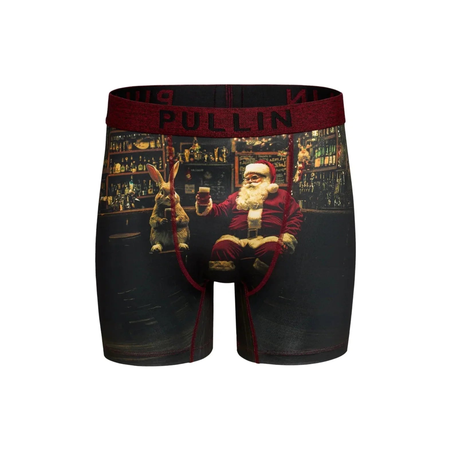 Men's Pullin boxer shorts featuring Santa and rabbit printed scene in a bar. Wide burgundy waistband with flatlock seams for comfort.