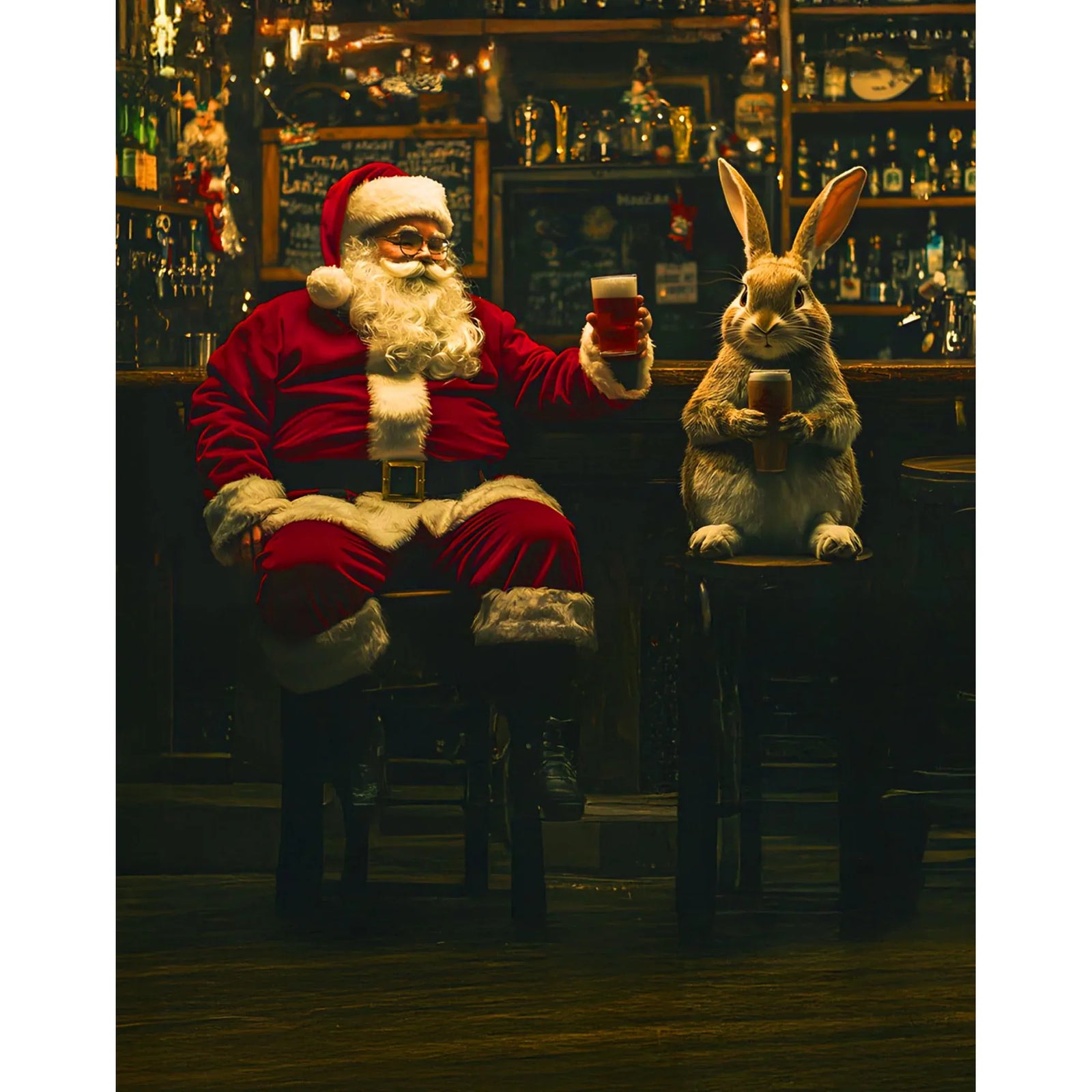 Santa Claus and a large rabbit sit at a dim bar, each holding a glass of beer in a festive scene.