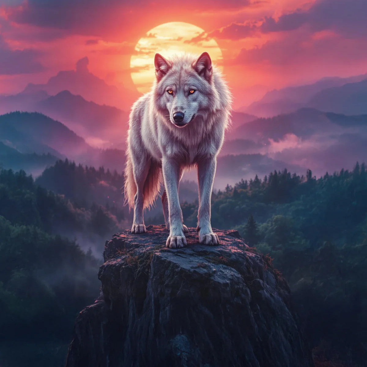 Pullin Fashion 2 Wolfen Brief: wolf on a rocky outcrop at sunset with a dramatic mountain backdrop.