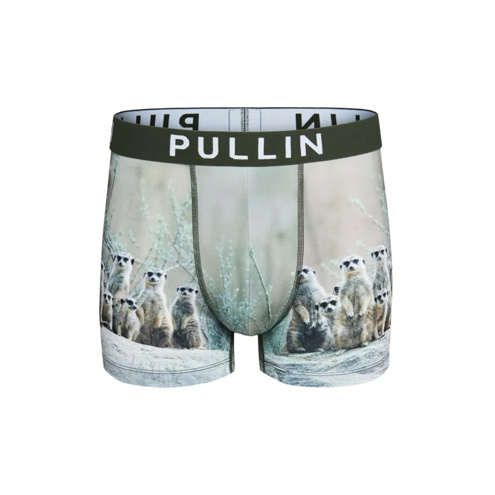 Pullin Master Ouou boxer brief with meerkat print, black 40mm jacquard waistband, PULLIN, front pocket, flatlock seams.