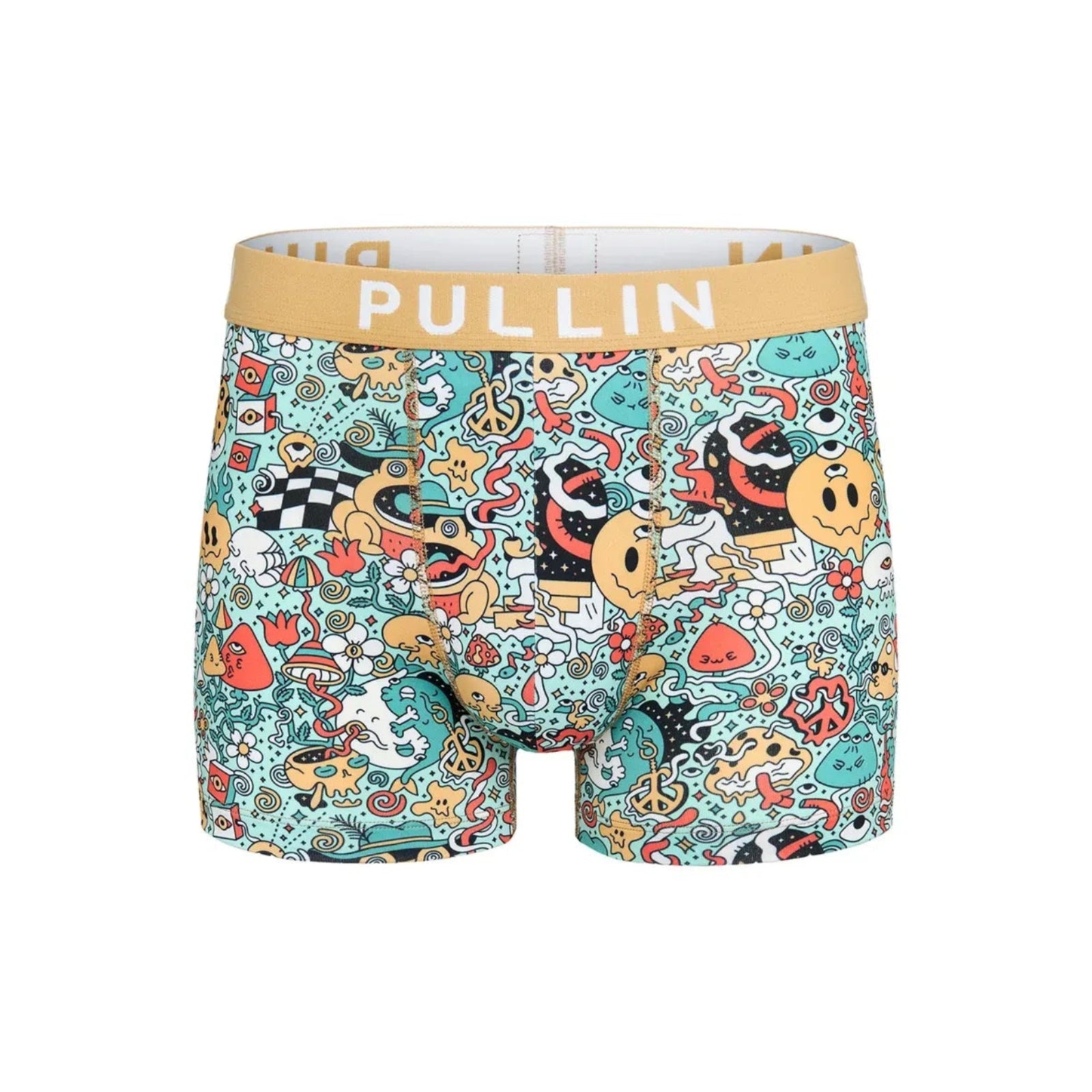 Pullin Master Amio boxer briefs with tan waistband and colorful cartoon graphic print.