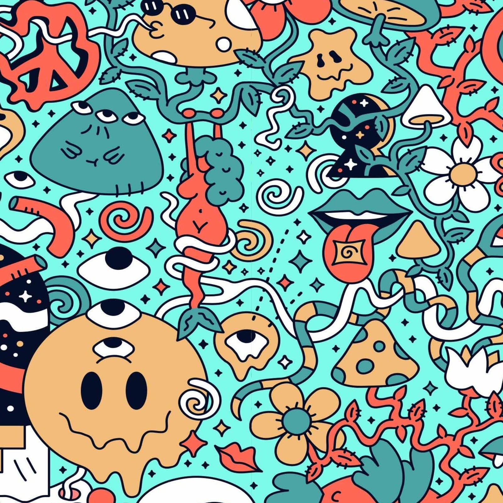 Pullin Master Amio Boxer Brief print: all-over doodle pattern with mushrooms, skulls, flowers on teal.